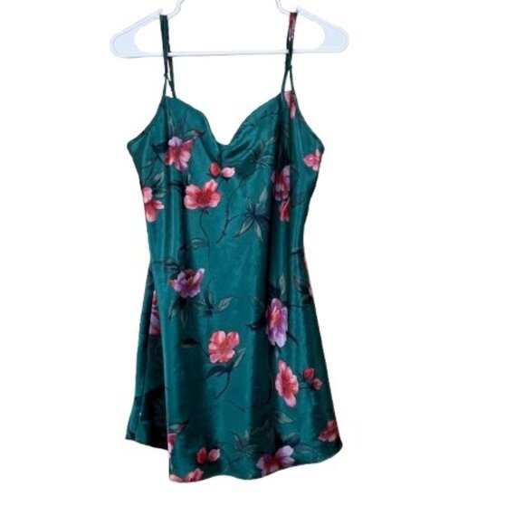 Vintage LA Intimates Sexy Silky Emerald Green Floral Slip Dress Sz Small - Picture 1 of 5